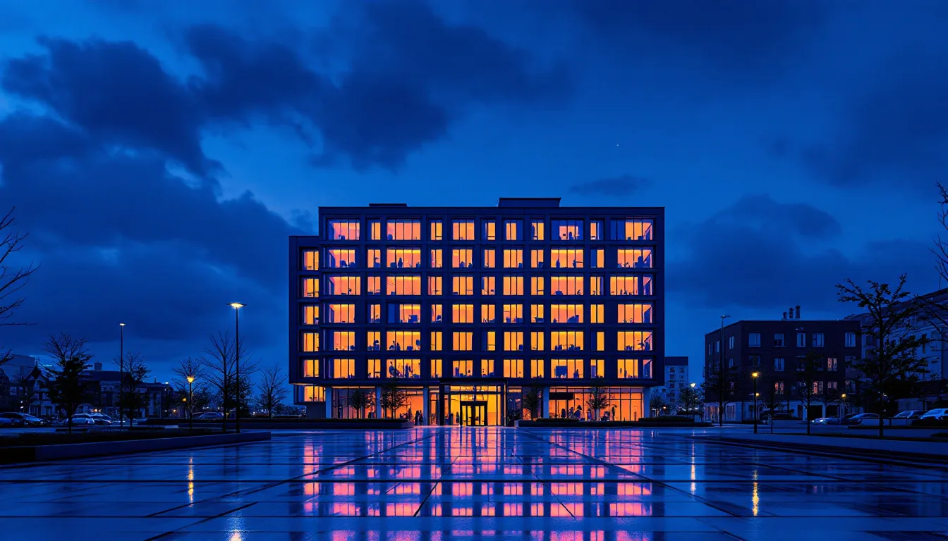 Twilight rendering of a modern mixed-use building with glowing windows